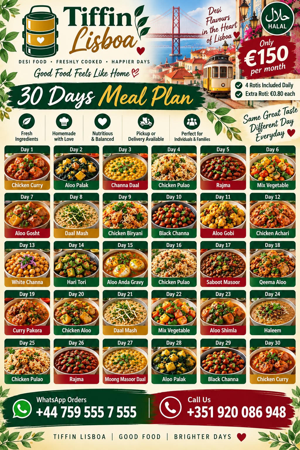 Tiffin Lisboa 30 day halal Pakistani Punjabi and Indian food meal plan